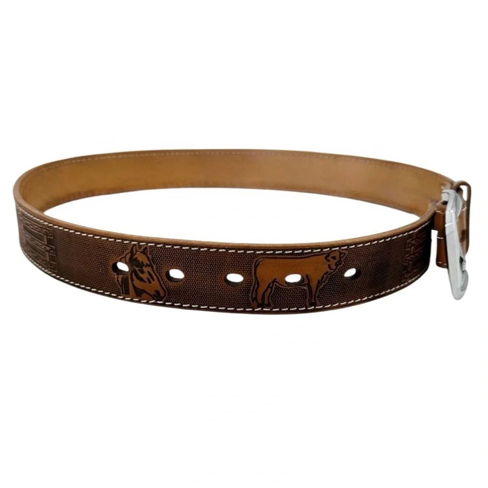 Vintage Western Boho Leather Belt with Stitched Detailing Brown Tan